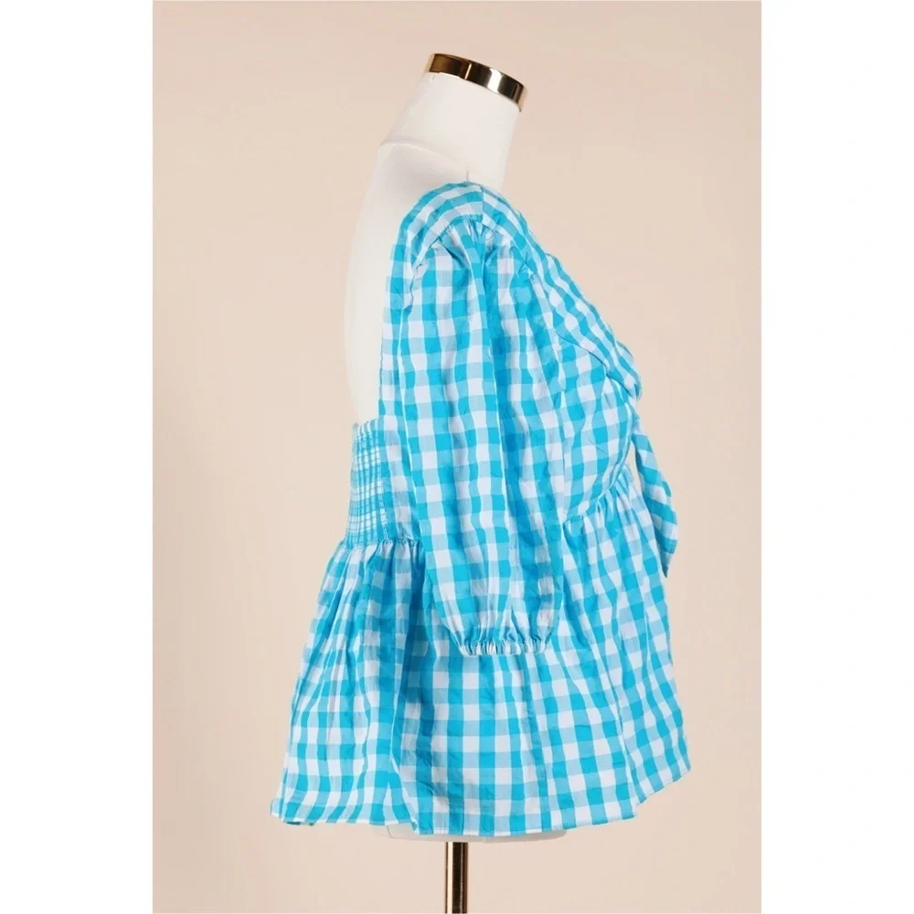 Sz 6 Lilly Pulitzer Sarafina Short Sleeve Turquoise Oasis Crinkle Gingham Top